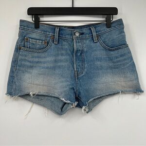 Levi's 501 Light Wash Faded Distressed Raw Edge High Rise Cutoff Denim Shorts
